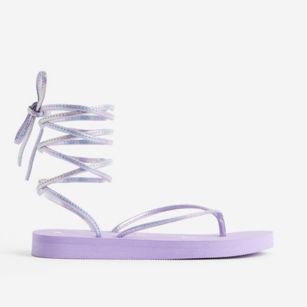 H&M purple iridescent flip flop lace up flats sandals 5-6 women’s size BRAND NEW
